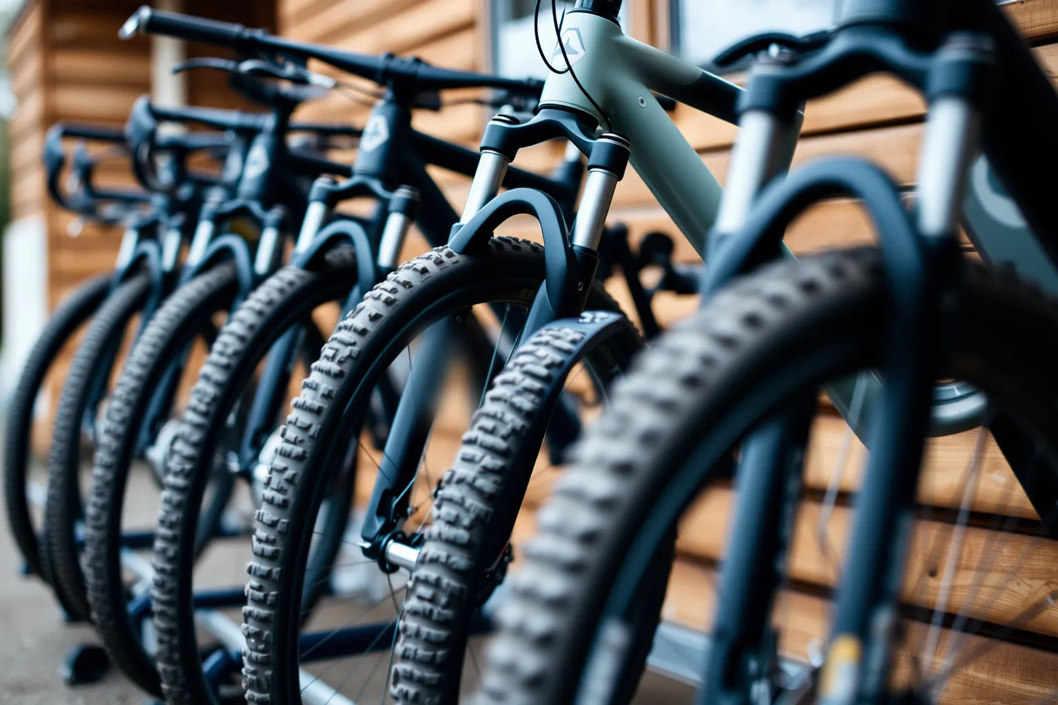 A row of full-suspension hire bikes outside the timber hire centre