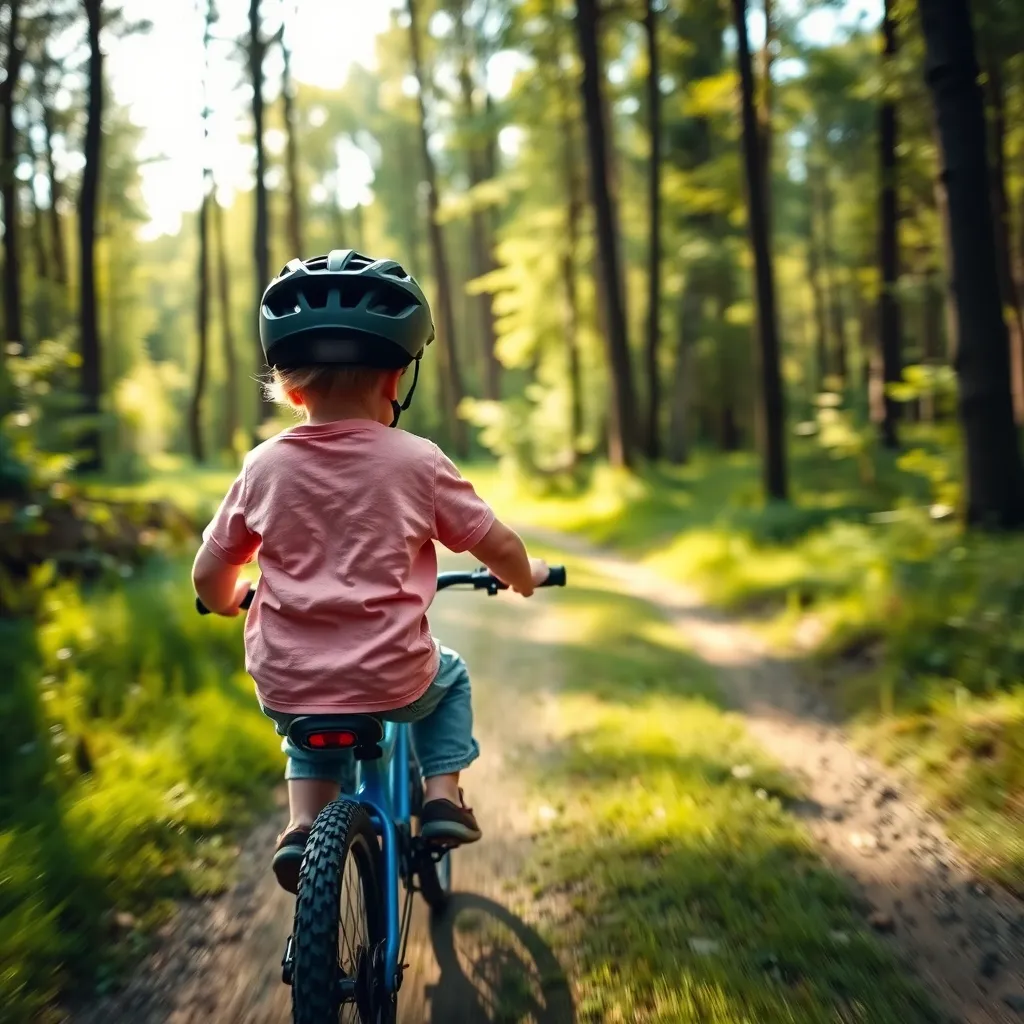 A young rider in a helmet on a wide, sunny forest trail