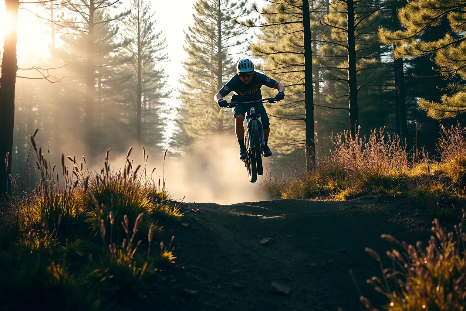 A rider in the air over a jump on a forest trail, in low evening sunlight