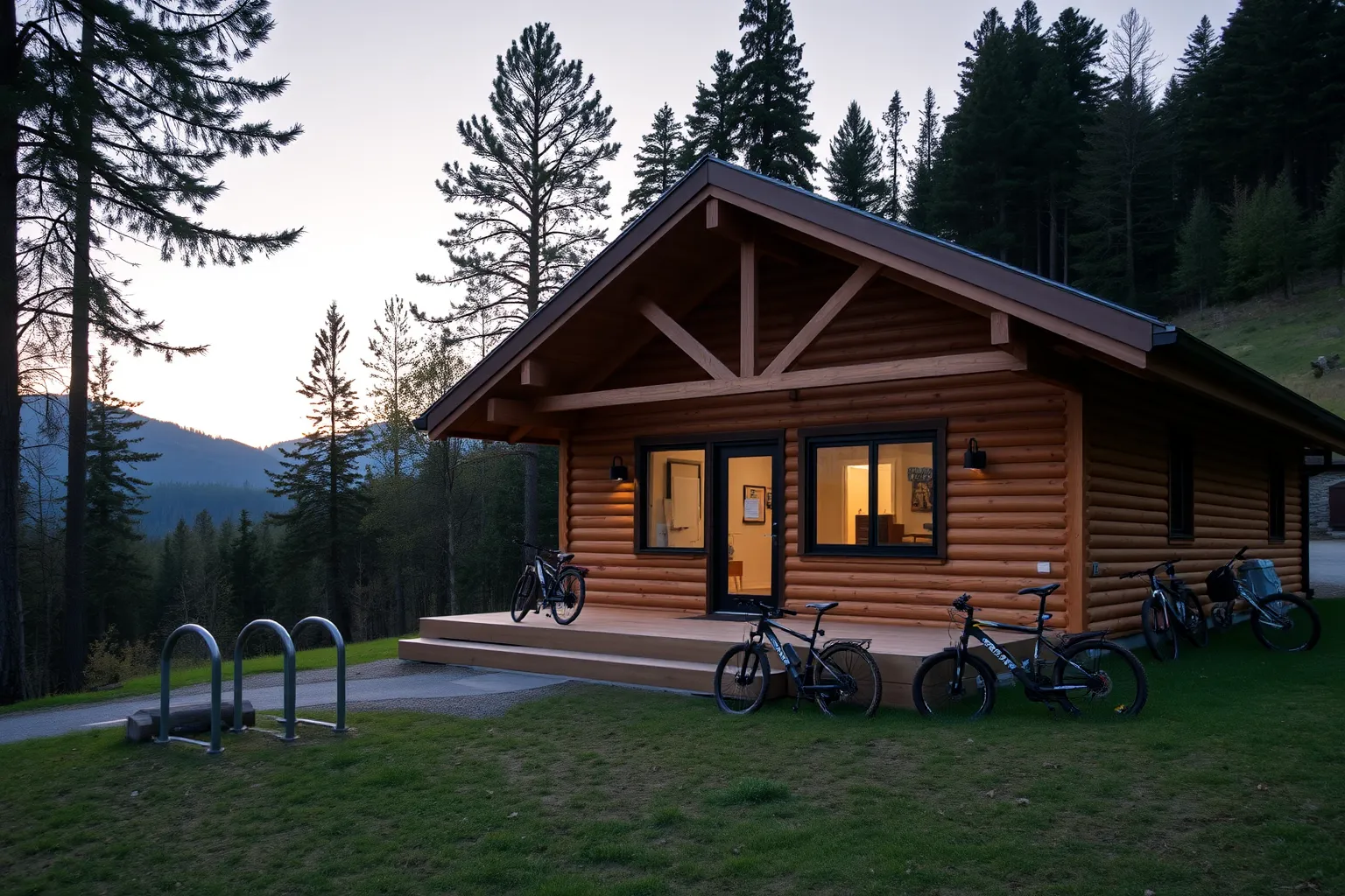 The timber hub building with its veranda and bike racks in evening light