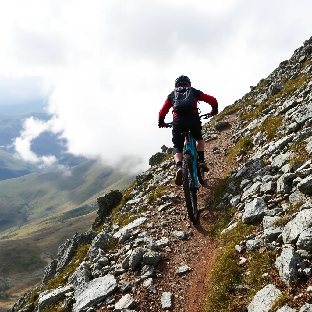 A rider descending a steep rocky trail on the open mountain
