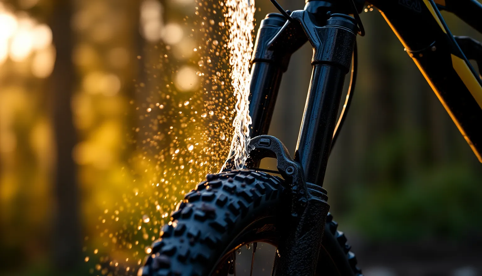 A muddy bike being jet-washed at the hub